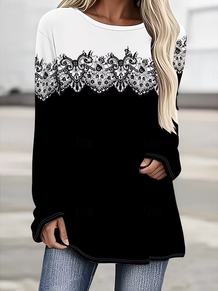 Mulheres Camiseta Imprimir Floral Gráfico Poá Vintage à moda Clássico Manga Longa Gola Redonda Decote Redondo Tops regulares Diário Branco / Preto Preto Branco Primavera Outono de 2026 por $26.99 –P3