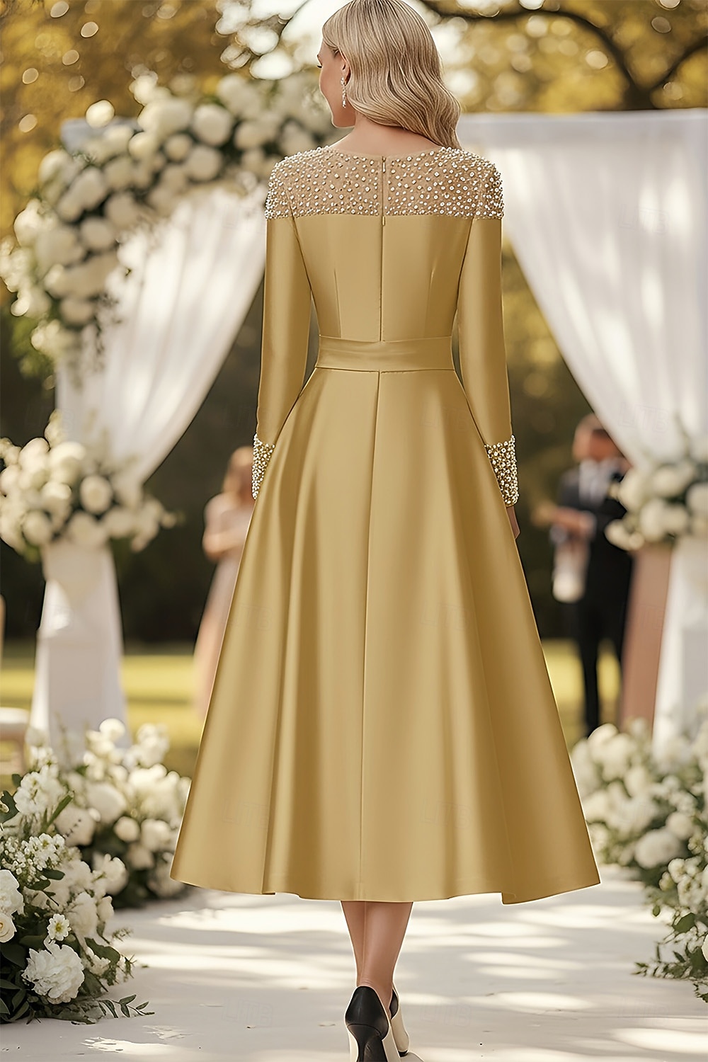 Linea ad A Lunghezza alla caviglia Vestito da Festa Abito da Cocktail Abito da invitata a nozze Abito da cerimonia per signora Manica Lunga Senza Spalle Elegante Formale Raso con Perle del 2026 a TRY 9695.41 –P2