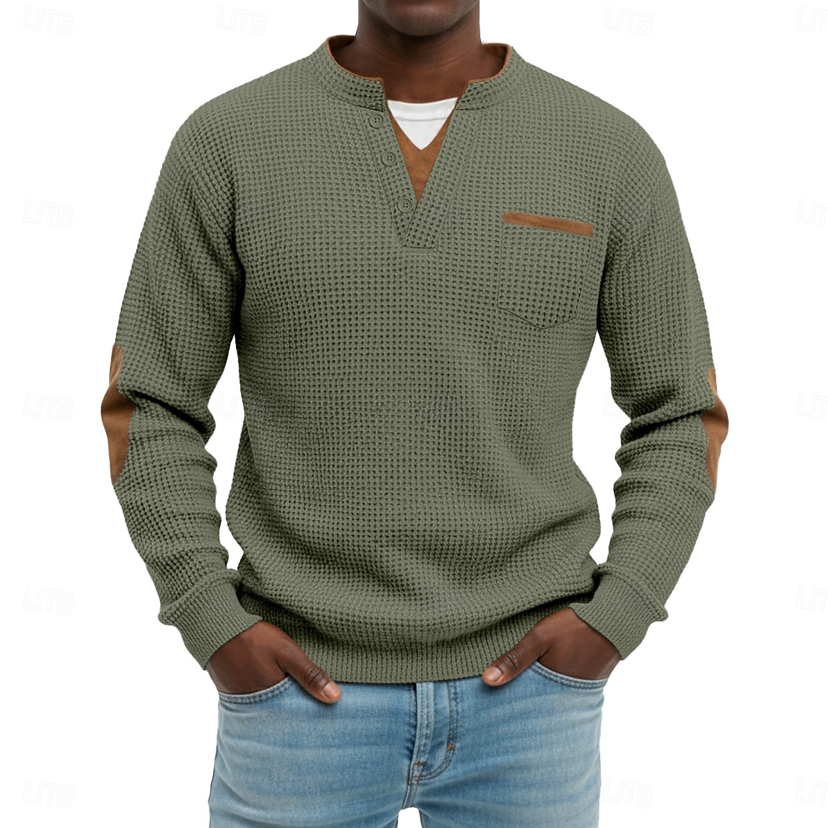 Herr Våffeltröja Waffle Henley Shirt Herrskjortor med armbågslappar Långärmad V-hals Henley Höst vinter Vår & Höst Ensfärgat Mode Grundläggande Ledigt falska två stycken Ledigt Gata Sport Grå Topp 2026 - $24.99 –P3
