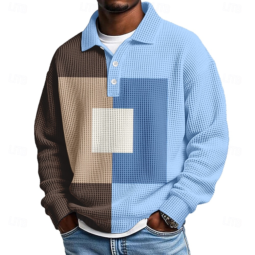 Homme Bloc de Couleur Géométrique Chemises Polo Gaufre Texturé manche longue Polos Revers Occasionnel Athleisure Tenue quotidienne Impression 3D Printemps Automne Hiver bleu marine Bleu Ciel Vert de 2026 ? $28.99 –P1