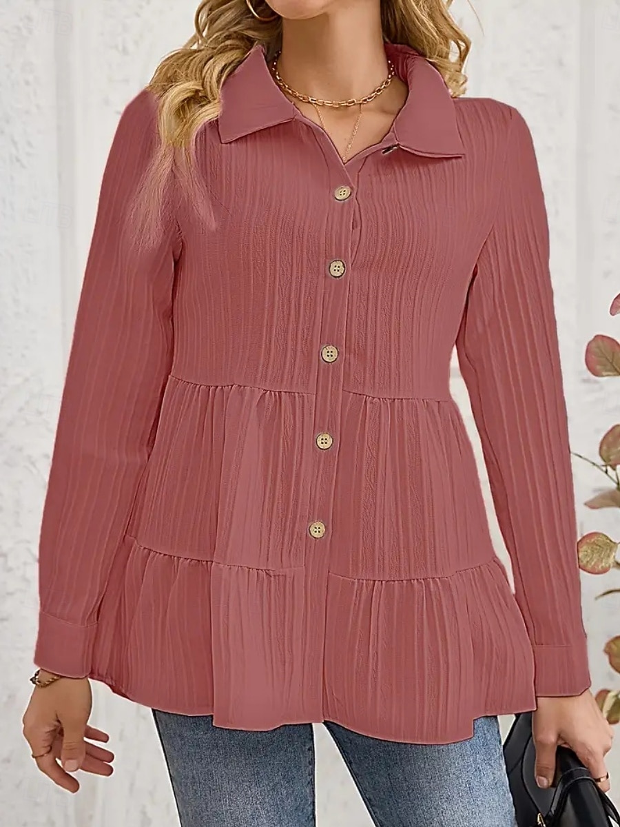 Damen Bluse Gerafft Knöpfe Einfarbig Stilvoll Lässig Langarm Hemdkragen Normale Oberteile Täglich Salbeigrün Schwarz Rote Marineblau Aprikose Frühling Herbst Winter 2026 - $26.99 –P5