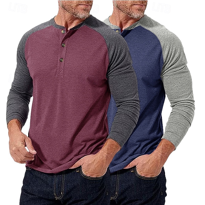 2-teiliges Henley-Shirt für Herren, Baseball-T-Shirt, Kurzarm, Farbblock-Design, Basic, Boho-Stil, Raglanärmel, für Outdoor, Freizeit, Alltag, Sommer, Herbst, alle Jahreszeiten, schwarzes 2026 - $40.99 –P6