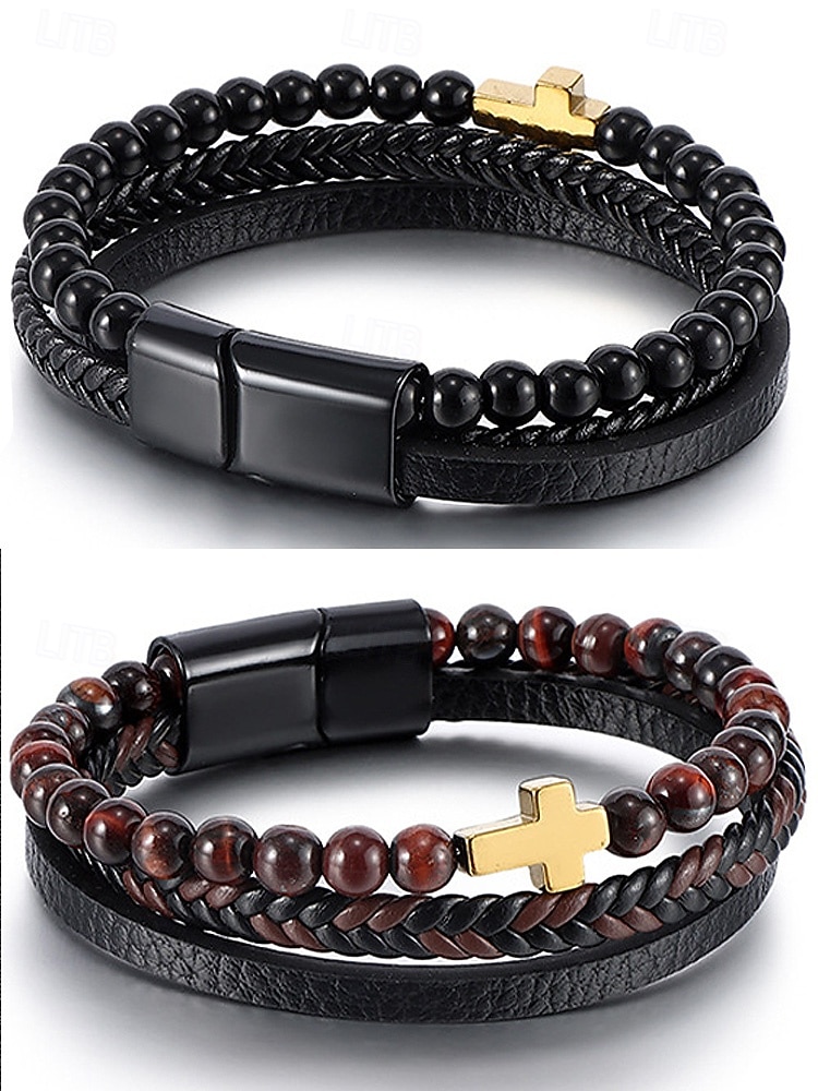 мужской браслет с магнитной застежкой — дизайн из натурального камня и искусственной кожи, стильный и прочный, идеально подходит для повседневной носки. 2026 - $11.99 –P6