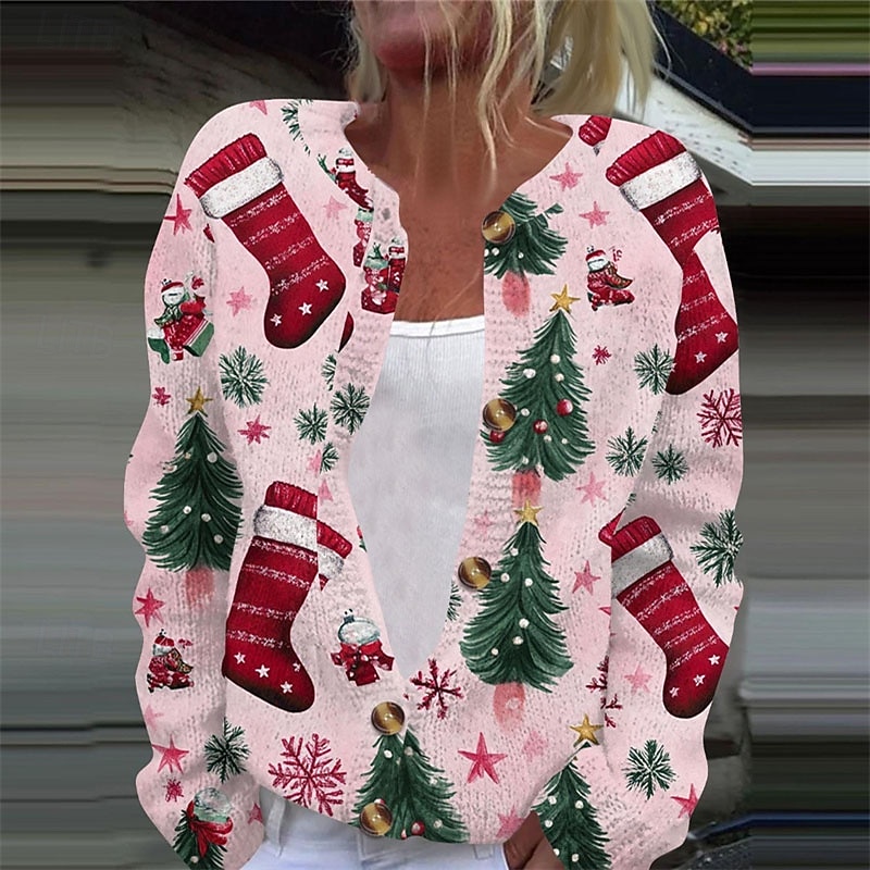 Naisten Neulos Neule Tyylikäs Muoti söpö tyyli Kukka Kuvitettu Joulukuusi Tiukka pyöreä kaula-aukko Napit Kudottu Painettu Pitkähihainen Tavalliset topit Neuloa Joulu ulko- Koti Valkoinen Vaalean 2025 - $28.99 –P3