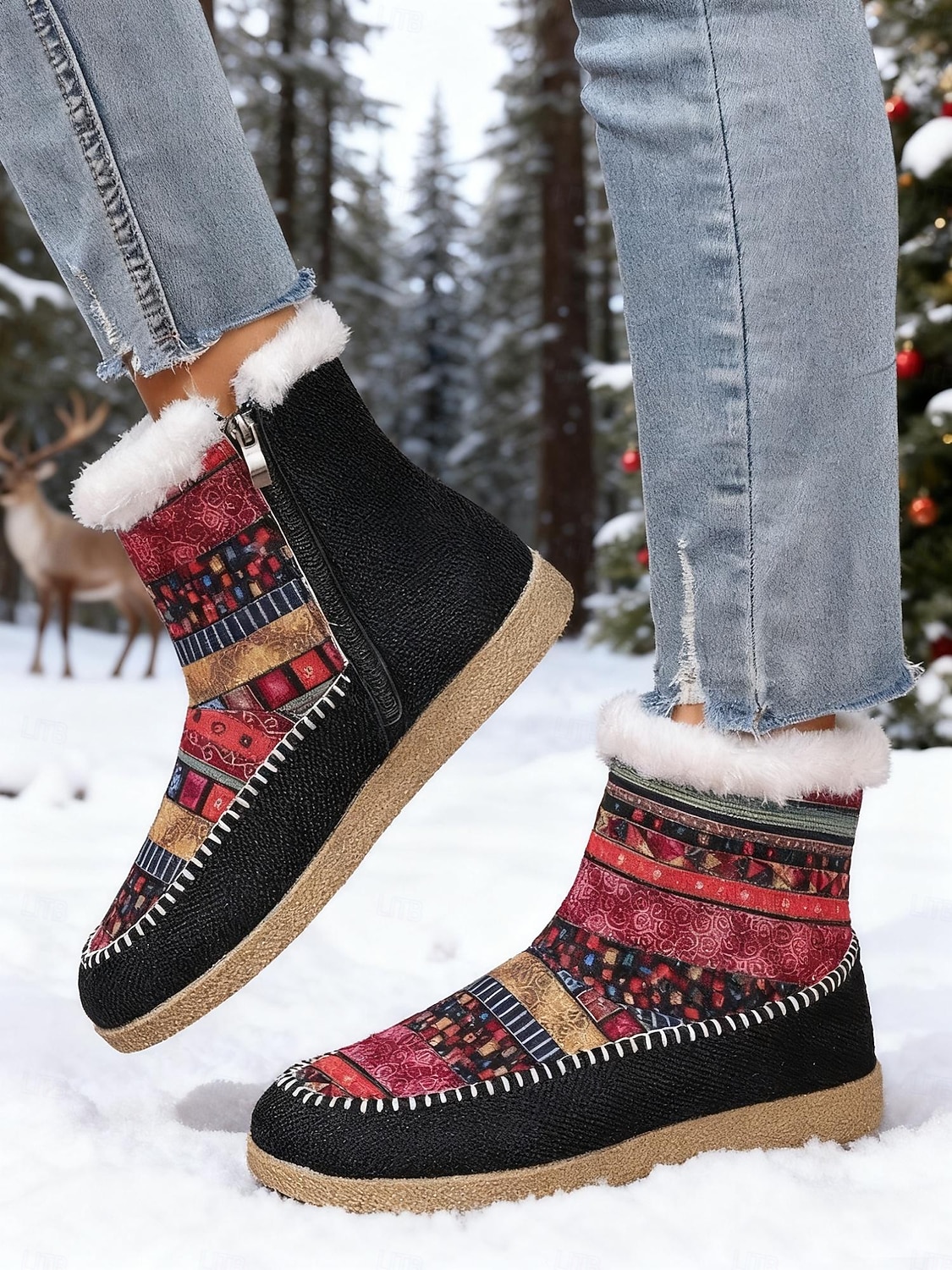 2026年 女性用エスニック柄の暖かいアンクルブーツ - カラフルなボヘミアンスタイルのフリース裏地付き冬用ブーツ、サイドジッパー付き、旅行や休暇に最適な快適なアウトドアシューズ  コレクション – $29.99 –P3