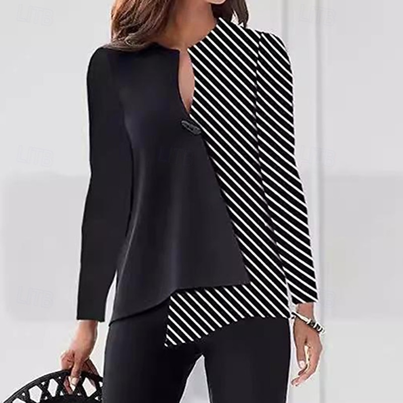 Mujer Conjuntos de pantalones parte superior del bolero Manga Larga Escote en Pico A Rayas Moda Ropa de calle Casual Diario Exterior Negro Primavera Holgado 2026 - $42.99 –P2