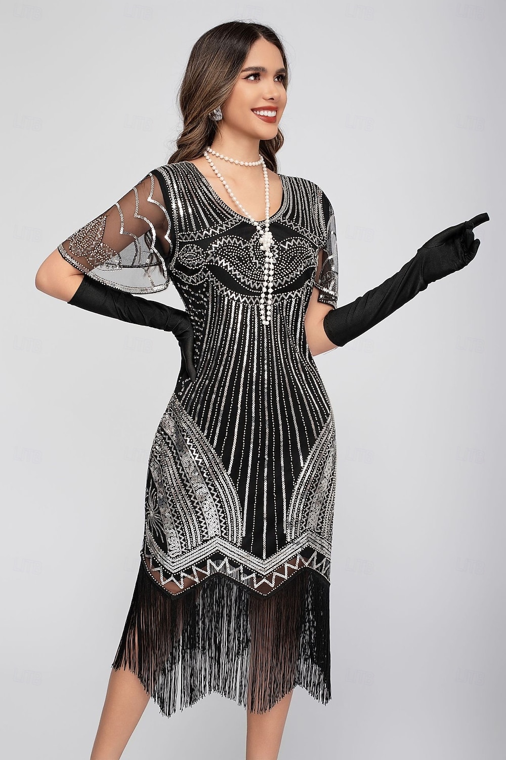 Goldene Zwanziger 1920er Knielang Flapper Kleid Kurze Ärmel Der große Gatsby Pailletten Fransen V Ausschnitt Kostüm Damen Weihnachten Karneval Flüsterkneipe Maskerade Retro-Mottoparty Erwachsene 2026 - $45.99 –P12