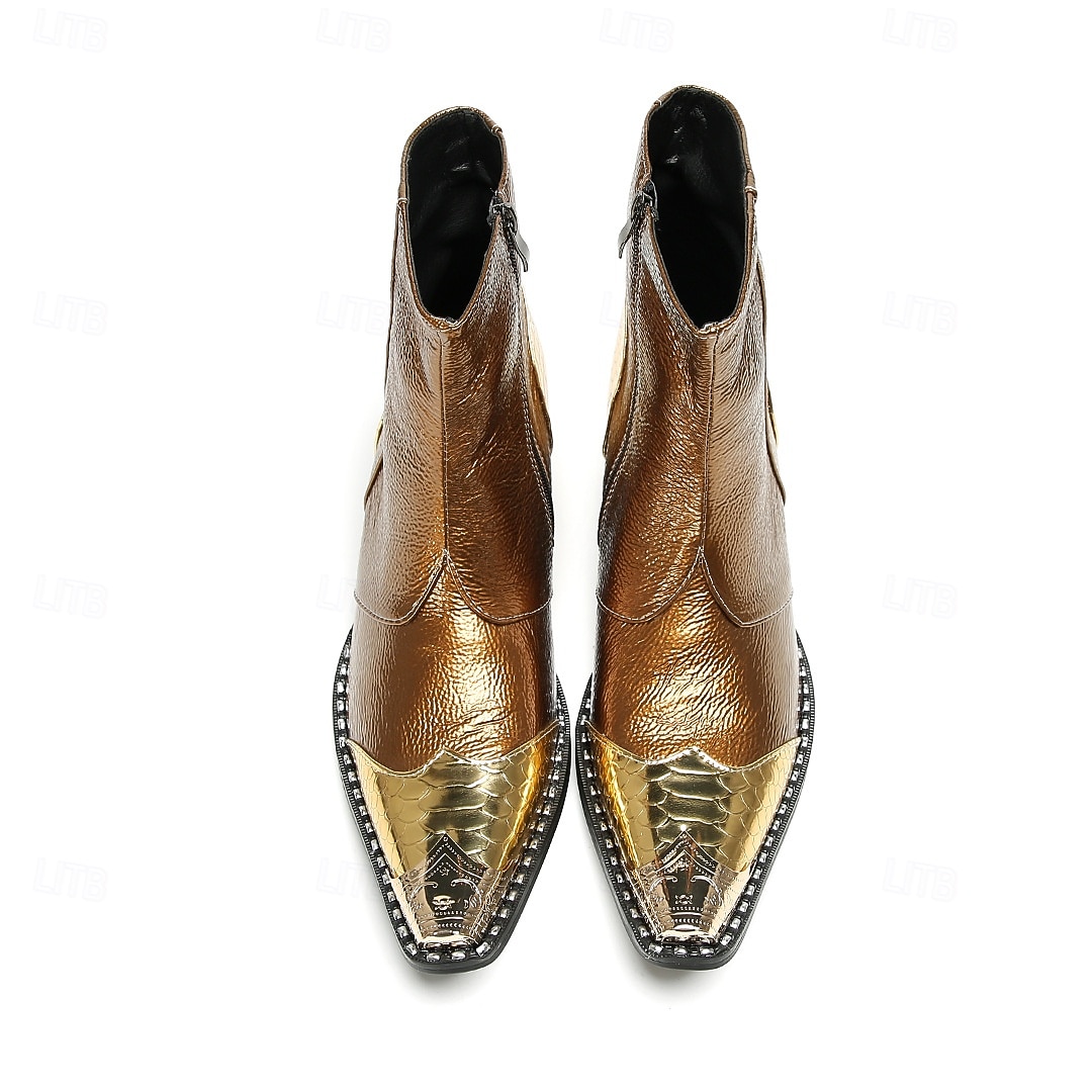 Miesten ruskeat ja kultaiset nahkaiset nilkkurit - metallinhohtoinen viimeistely, tyylikäs muotoilu ja mukava istuvuus, ihanteellinen rentoon ja puoliviralliseen kokoontumiseen 2025 - $159.99 –P5