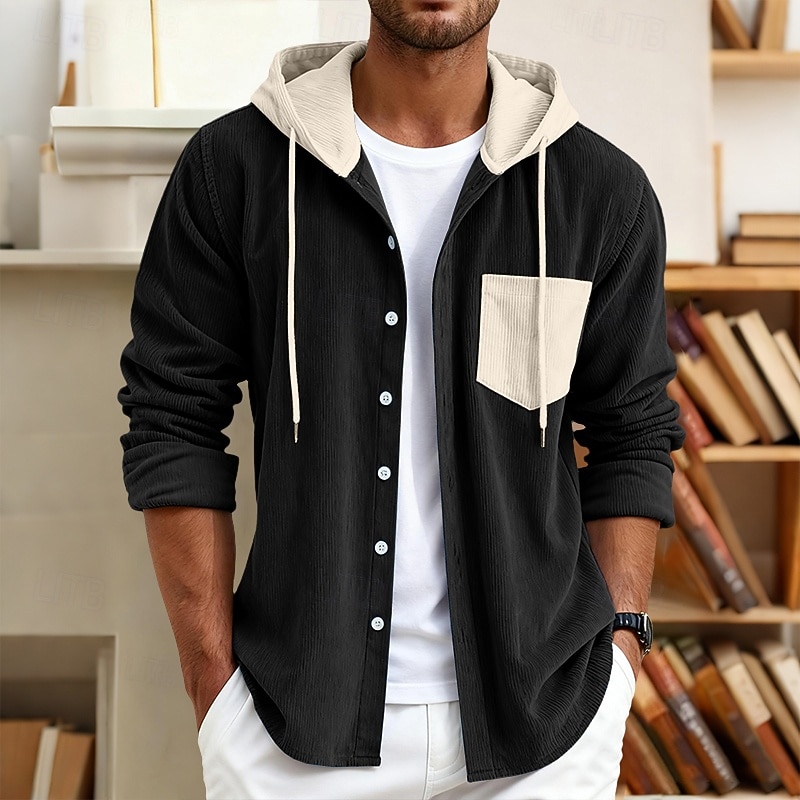 Herren Hemd Freizeithemd Cordhemd Knopfhemd Kapuzenhemd Blau Schwarz Grün Langarm Einfarbig Mit Kapuze Lässig Täglich Tasche Bekleidung Mode Modern Lässig 2025 - $24.99 –P1