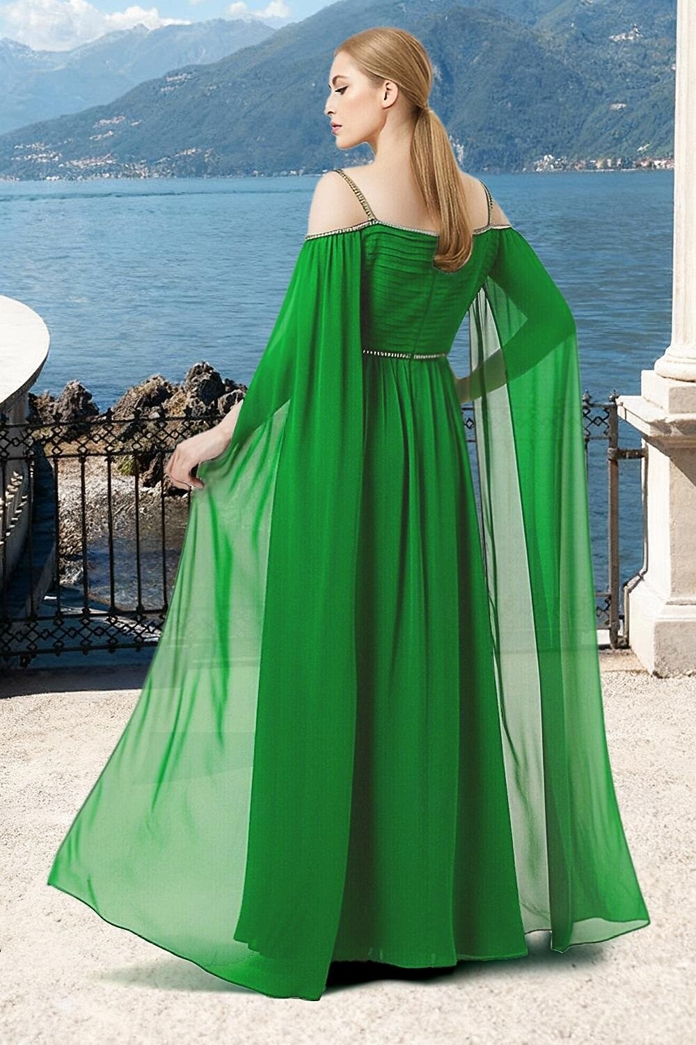 A-lijn Tot de grond Bruiloft gast jurk Formele jurk Avondjurk Moeder van de bruid jurk Lange mouw Schouderafhangend Elegant Eenvoudig Formeel Chiffon met Plooien 2026 - $172.99 –P3