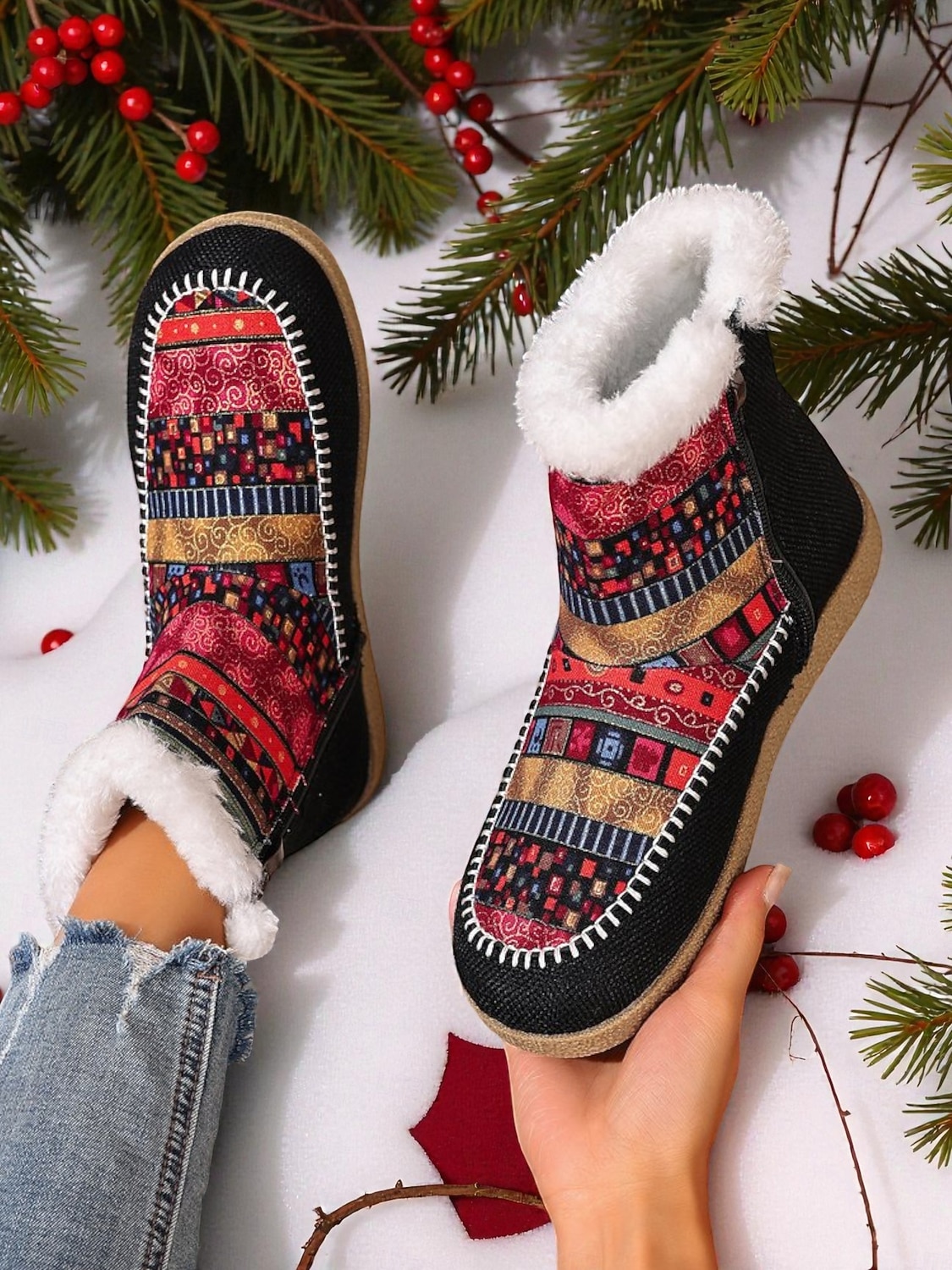 2026年 女性用エスニック柄の暖かいアンクルブーツ - カラフルなボヘミアンスタイルのフリース裏地付き冬用ブーツ、サイドジッパー付き、旅行や休暇に最適な快適なアウトドアシューズ  コレクション – $29.99 –P1