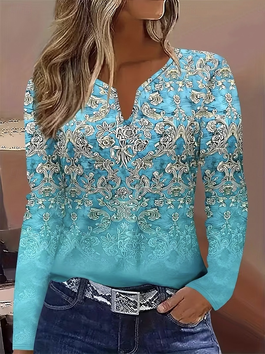 Per donna Maglietta Stampato Grafico Piante Vintage Elegante Classico Manica Lunga Scollo a V Collo a V Top Regolari Quotidiano Blu Nero Primavera Autunno del 2026 a $24.99 –P2