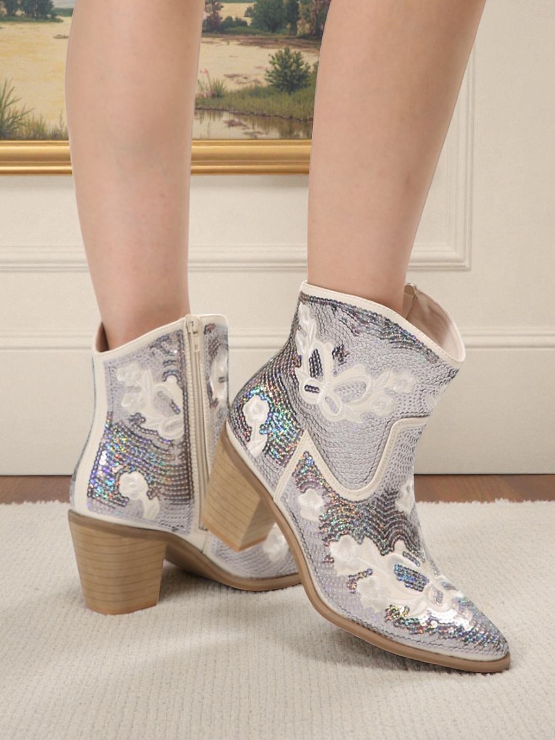женские ботильоны в стиле вестерн с золотыми пайетками и цветочной вышивкой – удобный блочный каблук для вечеринок, фестивалей и повседневной носки 2025 - $59.99 –P5