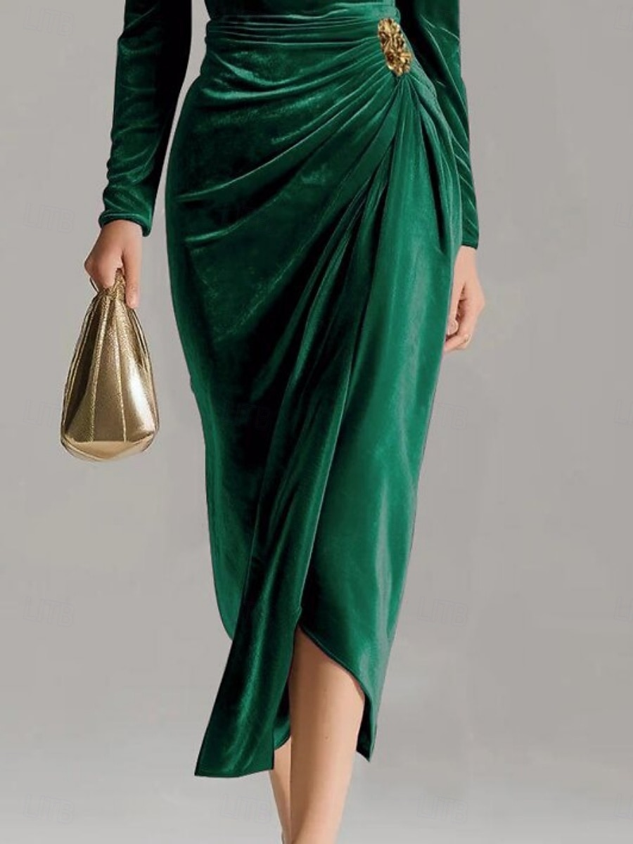 Weihnachten Damen Midikleid Etui-Kleid Elegant Party Cocktail Outdoor Party Hochzeitsgast Patchwork Schlank Einfarbig Langarm Wasserfallausschnitt Fuchsie Braun Grün 2026 - $51.99 –P2