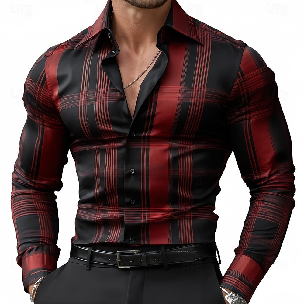 Herre Geometrisk Gitter / Teppe Skjorte Sateng skjorte Dresskjorter Langermet Business Casual Feriereise Hverdag Sommer Vår Høst Aftæpning 3D-utskrift Skjorter med knapper Svart Militærgrønn 2026 - $29.99 –P2