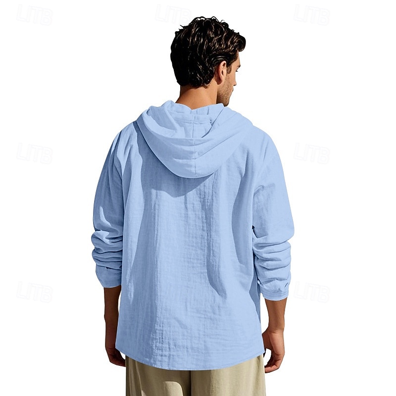 Men's Shirt Popover Shirt Summer Shirt Casual Shirt Beach Shirt Black White Yellow Navy Blue khaki Long Sleeve Solid Color Hooded Vacation Casual Drawstring Clothing Apparel Fashion Casual Comfortable 2026 - $28.99 –P17