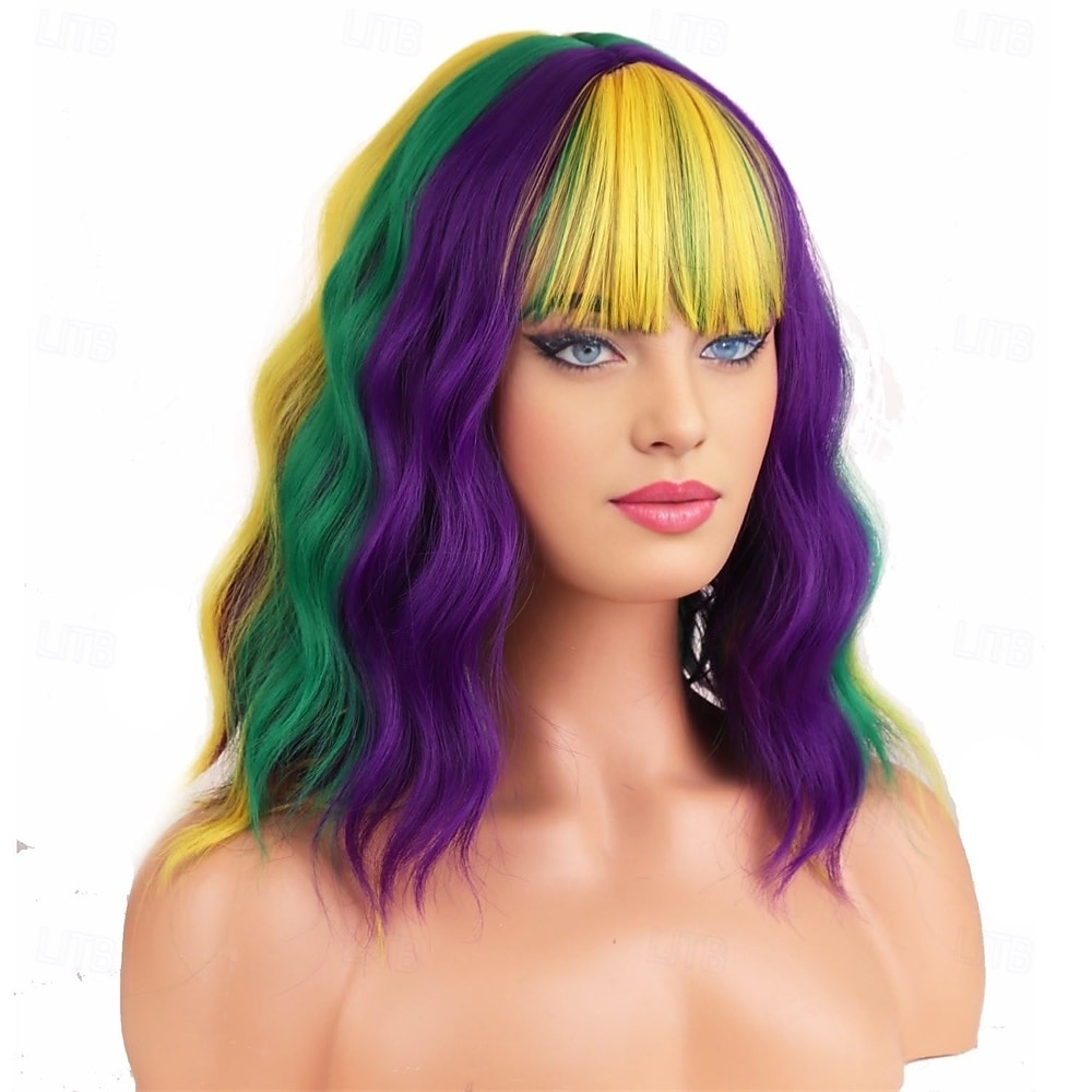 Peruca de Carnaval Roxo Verde Amarelo Ondulado Curto Peruca sintética para festivais Mardi Gras Parada Cabelo para fantasia de cosplay para Feminino de 2026 por $22.99 –P3