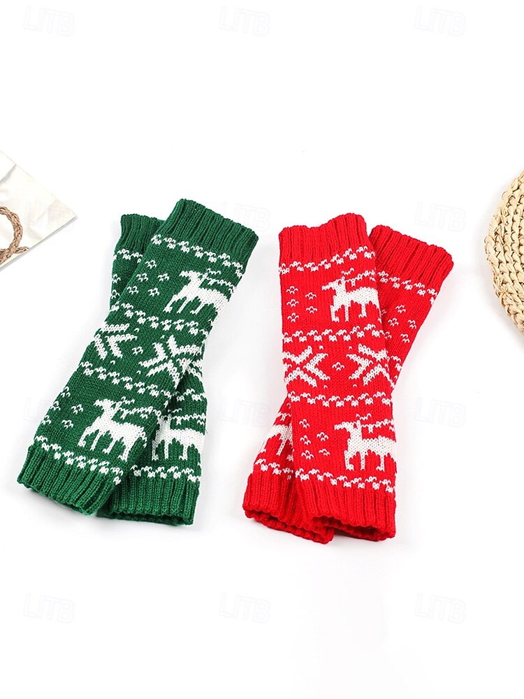 Stickade fingerlösa julvantar för kvinnor, röda och vita Fair Isle-renmönster, julvantar för vinterfester och festliga evenemang 2026 - $7.99 –P5