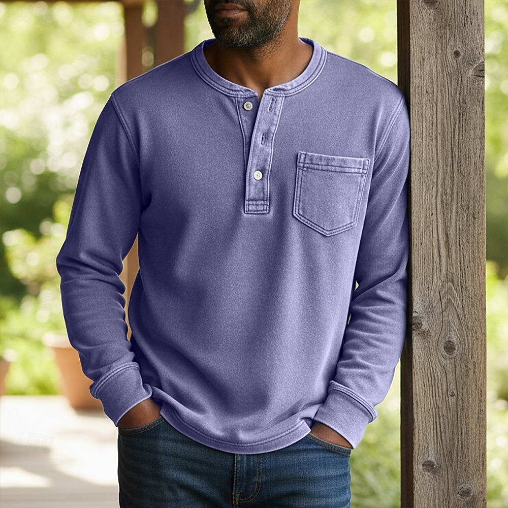 SoftFade™ Herr Henley Skjorta 100% Bomull Syra Tvättad Skjorta T-shirt Tee Lång Ärmar Vintage Fast Retro Vintage Avslappnad Vintage Stil Garment Dyed Blekt Henley Avslappnad Vår Höst Rosa Lila Henley 2026 - $31.99 –P6