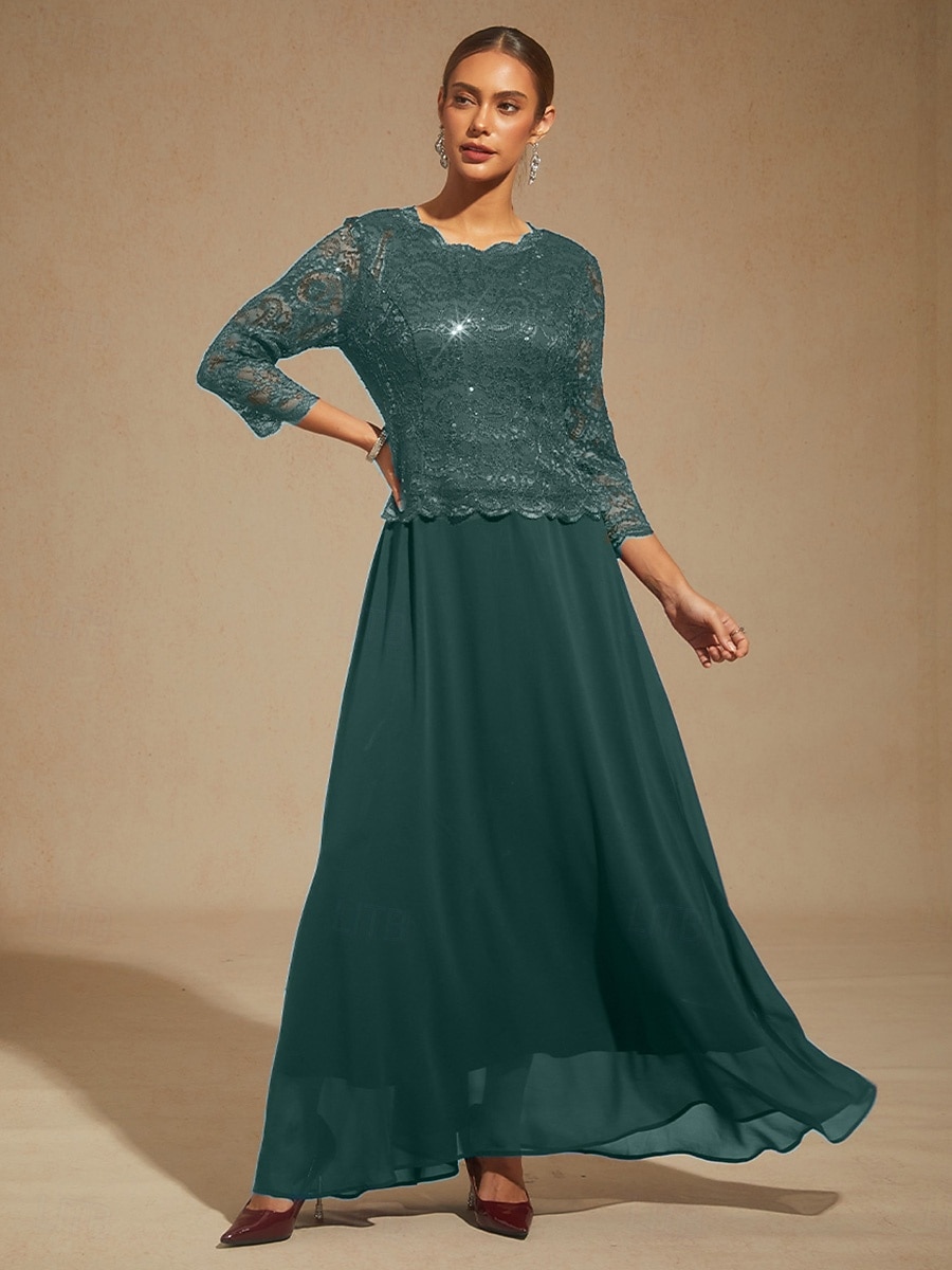 Dames Maxi-jurk Chiffon jurk Elegant Bruiloft gast Avond Feest Normale pasvorm Effen Kleur 3/4 mouw Strakke ronde hals Smaragdgroen Lente Herfst Winter 2025 - $151.99 –P6