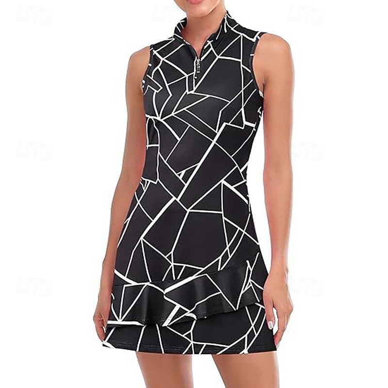 Damskie Graficzny Solidne kolory Sukienka do tenisa Sukienka sportowa Odprowadza wilgoć Oddychający Bransoletka tenisowa Obuwie sportowe Bieganie Kołnierz zapinany na zamek Sukienka Czarny Biały 2026 - $26.99 –P9