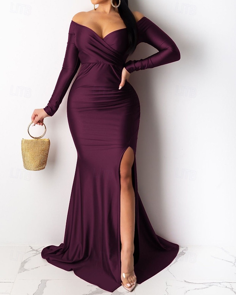 Damen Langes Kleid Maxikleid schwarzes kleid Abschlussballkleid Partykleid Elegant Modern Party Besonderer Anlass Abendgesellschaft Normale Passform Einfach Langarm V Ausschnitt Blau Schwarz Rote Grün 2025 - $31.99 –P10