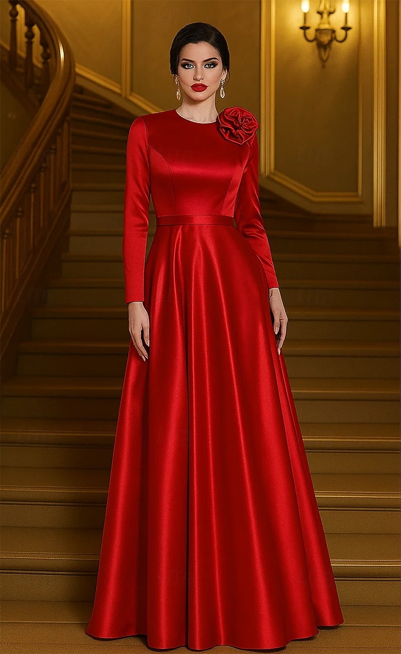 Vestido de Noche A-Line Rojo Elegante Formal Vestido Formal de Boda Largo de Piso de Manga Larga Cuello Redondo de Saten Elástico con Flor en el Hombro 2026 - $160.99 –P1