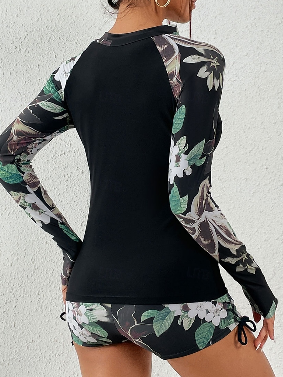 Maiô Tankini Feminino 2 Peças Short Controle de Barriga Cintura Alta Slim Costas Descobertas Roupas de Praia de Férias Floral Folhas Decote Alto Com Mangas Longas de 2026 por $36.99 –P4