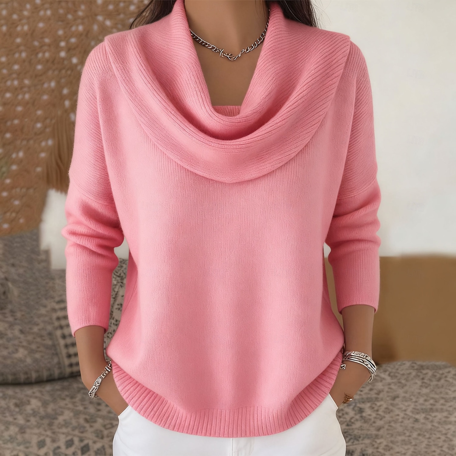 Women's Sweater Elegant Casual Soft Pure Color Ribbed Cowl Knitted Long Sleeve Regular Tops Knit Daily Outdoor Weekend Red Fall Winter 2026 - $36.99 –P9