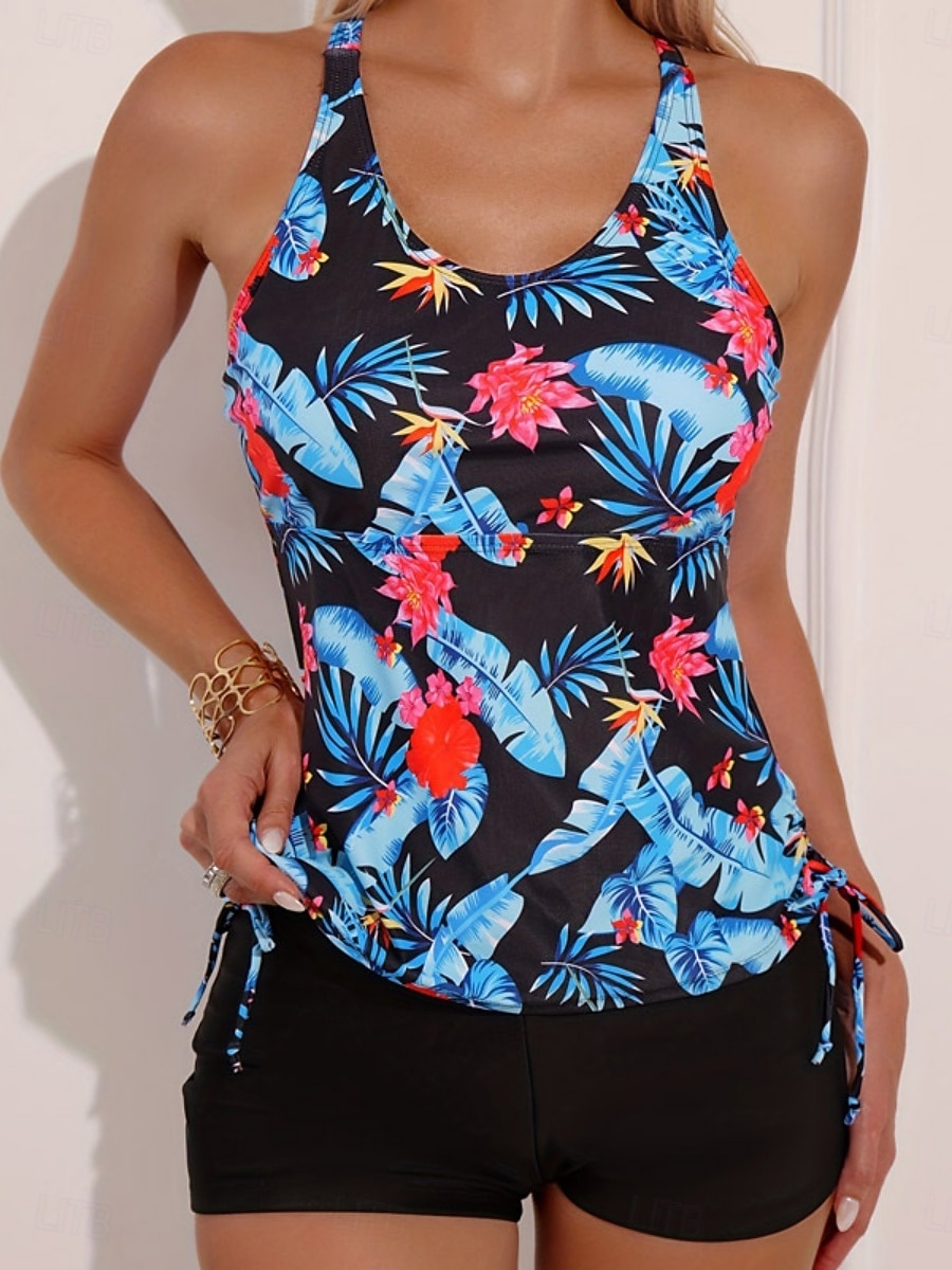 Costume da bagno 2 pezzi tankini da donna con palme pantaloni corti controllo della pancia alta vita slim senza schienale per vacanze in spiaggia foglie floreali scollo a halter senza maniche del 2026 a $25.99 –P2