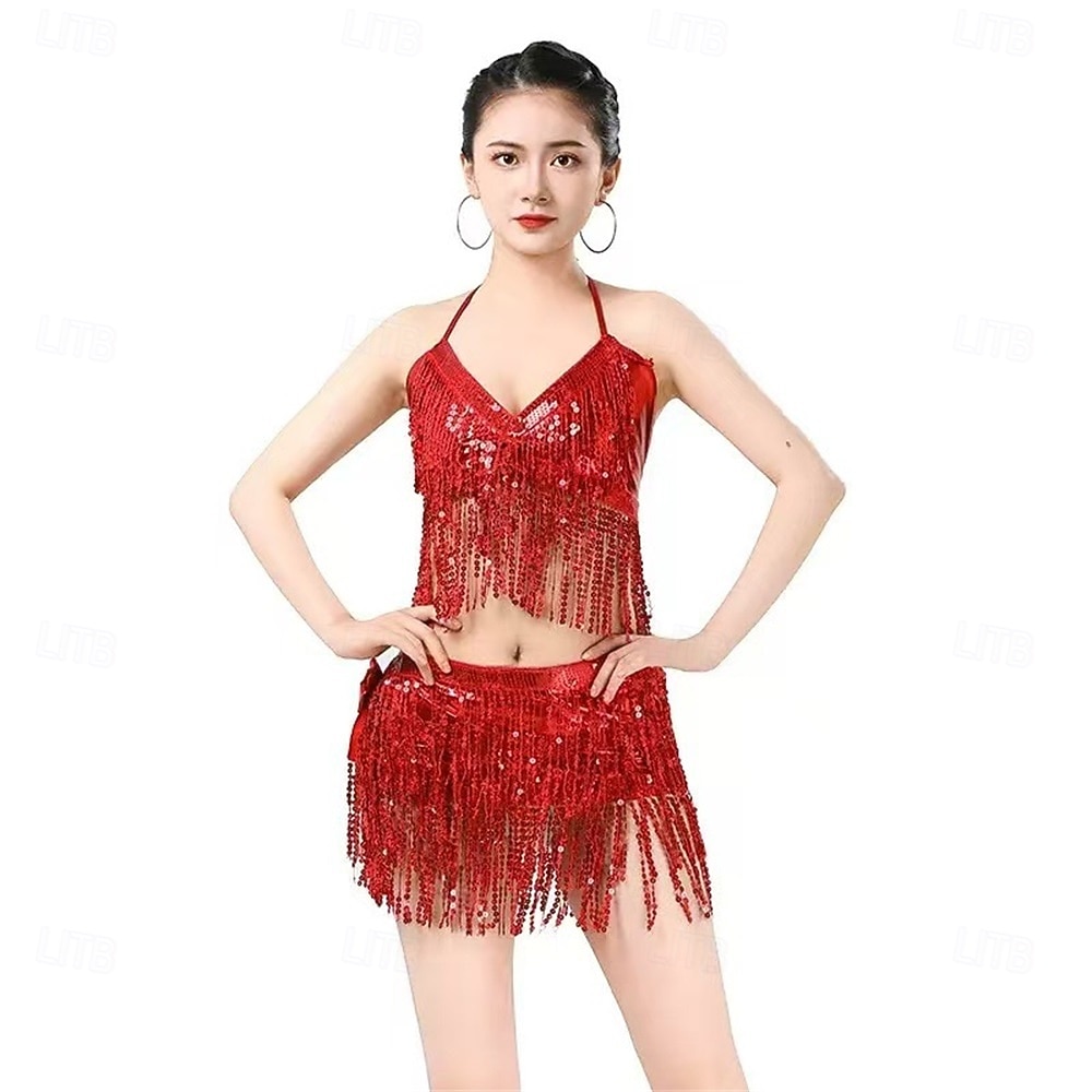 Samba Tanzmode Damen Strahlendes Silber Pailletten Fransen 2 Stück Set - Halter Crop Top  Rock Outfit  Rave Partysl Performance Kostüm 2026 - $35.99 –P7