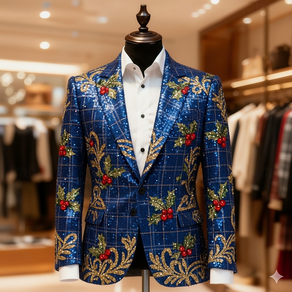 Jul Herre Grafisk Blazer jakke Frakk Bekvem Kunstnerisk Fritid Festkveldsklær Daglig Festival 3D-utskrift Knapper Høst vinter Med hakk Langermet Blå Rød Lilla 2025 - $64.99 –P2