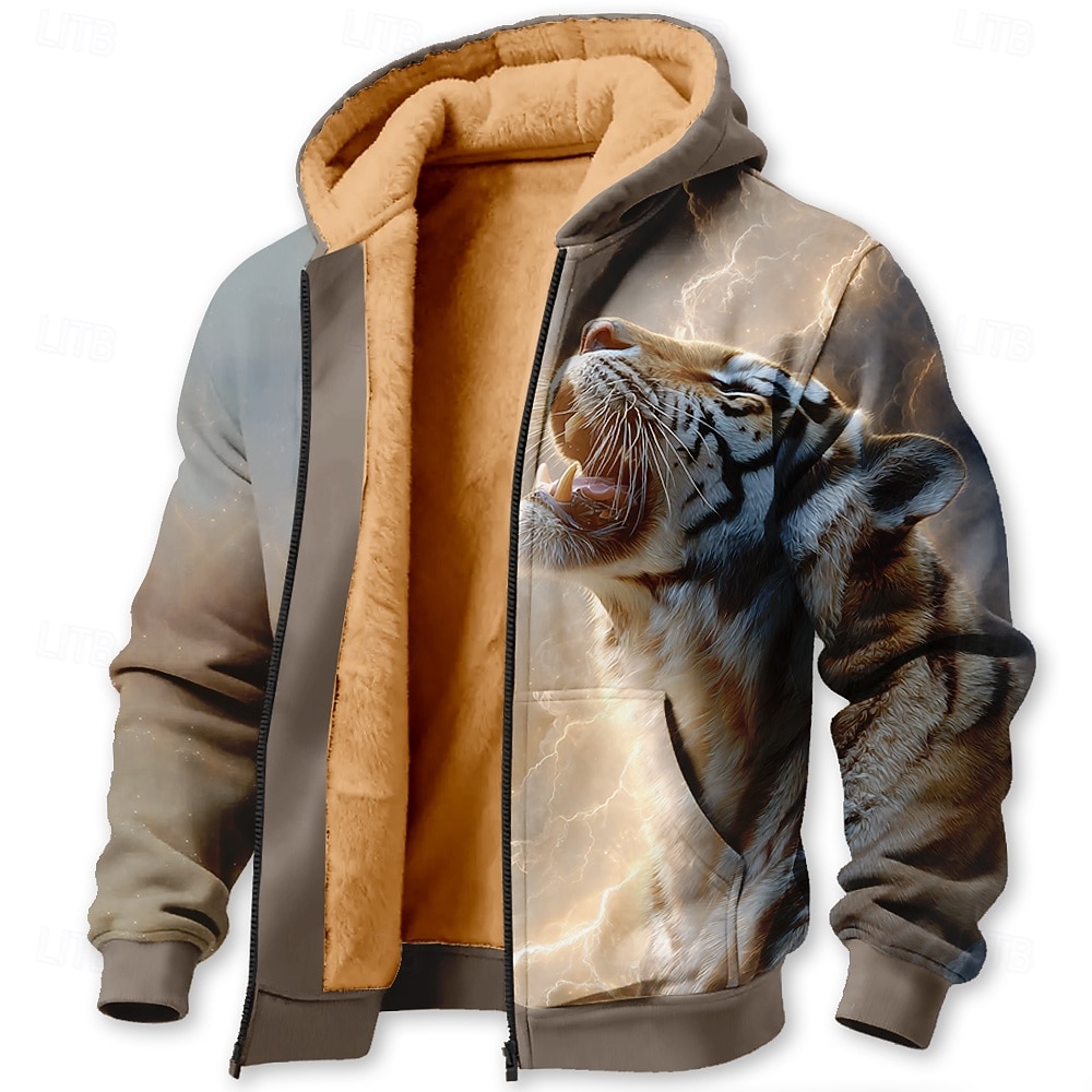 Herren Tiger Fleece Kapuzensweatshirt Jacke Pullover Klassisch Jagd Langarm Rundhalsausschnitt Outdoor Camping Blau Weiß Braun Kaffee Reißverschluss Herbst Winter Designer S M L XL 2XL 3XL 2026 - $41.99 –P4
