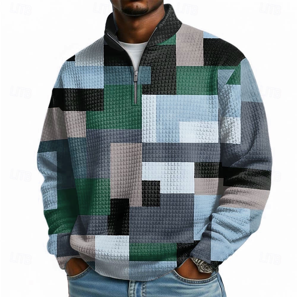 Per uomo Geometrico Plaid Nido d'ape Felpa Moda Quotidiano Classico Casual Collo alla coreana Zip a un quarto All'aperto Casa Ufficio Lavoro Blu Viola Verde Cachi Con zip Autunno Inverno progettista del 2026 a $28.99 –P3