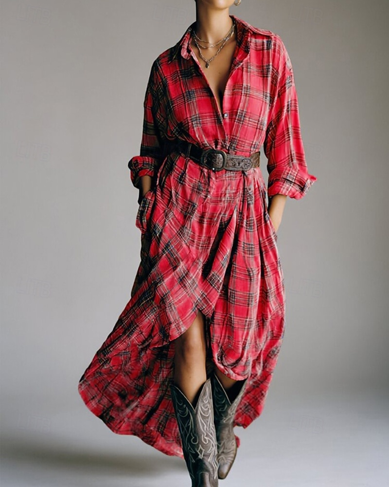 Mujer vestido largo vestido largo Vestido de cuadros Vestido de Camisa Vintage Moderno Exterior Vacaciones Noche Holgado Plaid Manga Larga Cuello Camisero Amarillo Rojo Primavera Otoño 2026 - $38.99 –P3