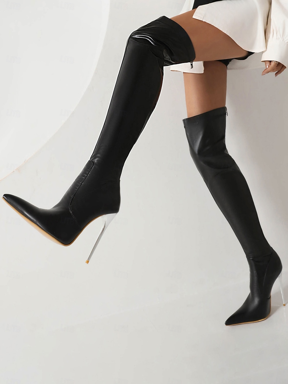 Γυναικείες μαύρες μπότες στιλέτο πάνω από το γόνατο - κομψές μπότες πάρτι με ψηλές τιράντες από τεχνητό δέρμα και μυτερή μύτη για βραδινή έξοδο 2026 - $89.99 –P5