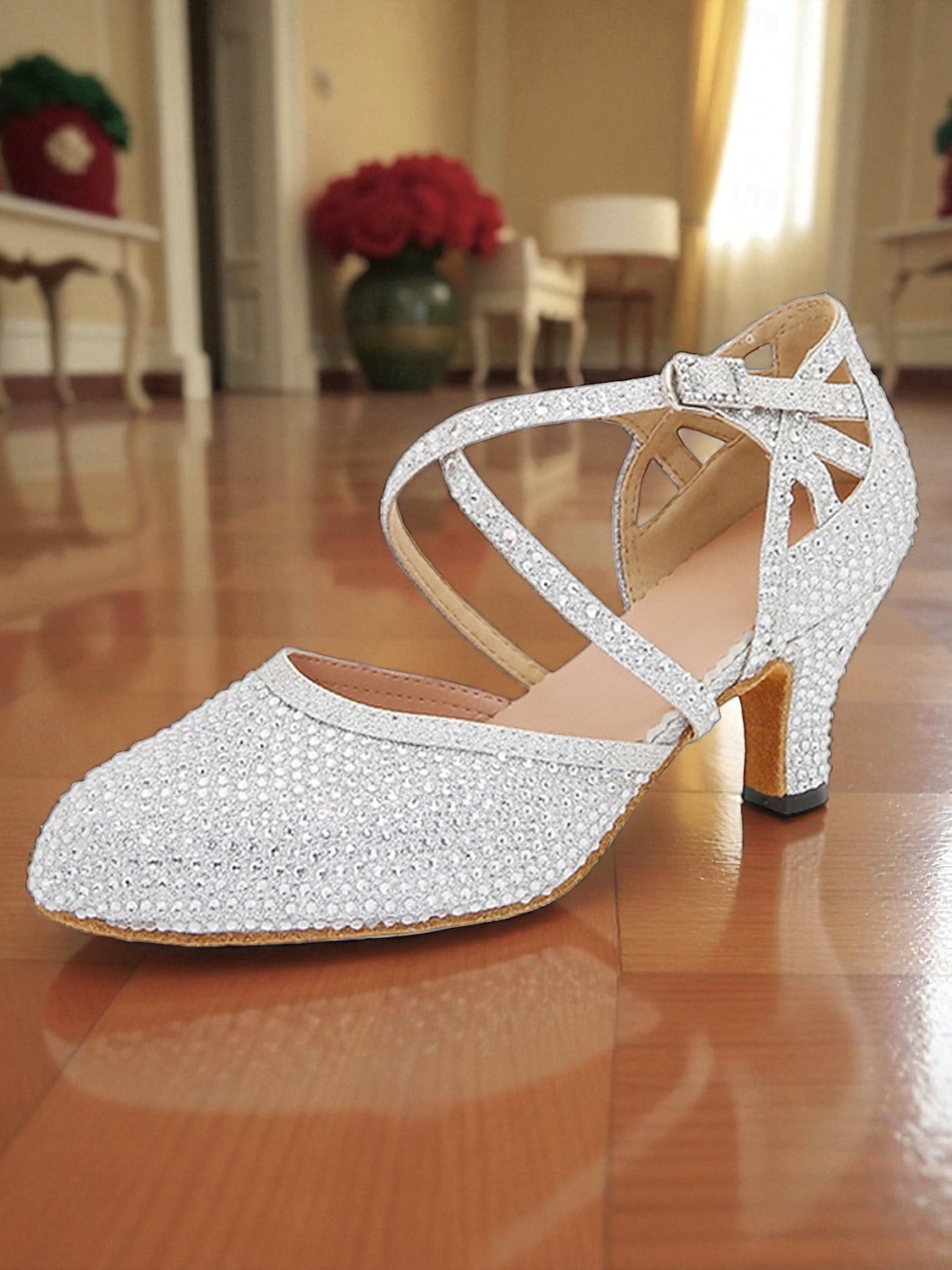 Zapatos de baile latino profesionales para mujer, plateados con purpurina: tacones de salón con tiras cruzadas para salsa, tango, vals y competiciones de baile. 2026 - $64.99 –P6