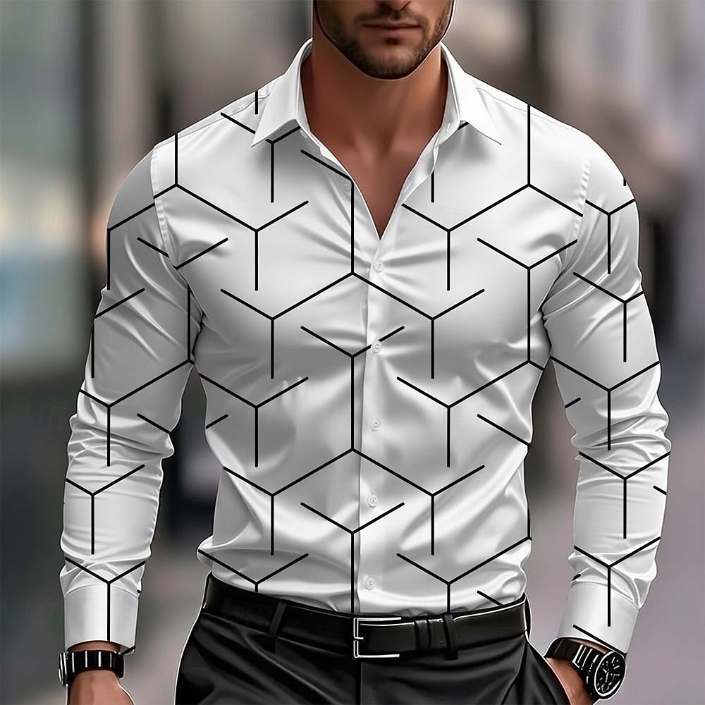 Men's Geometric Pattern Line Shirt Satin Shirt Dress Shirt Long Sleeve Business Casual Vacation Dailywear Summer Spring Fall Turndown 3D Print Button Up Shirts Blue White Pink Red Green 2026 - $29.99 –P1