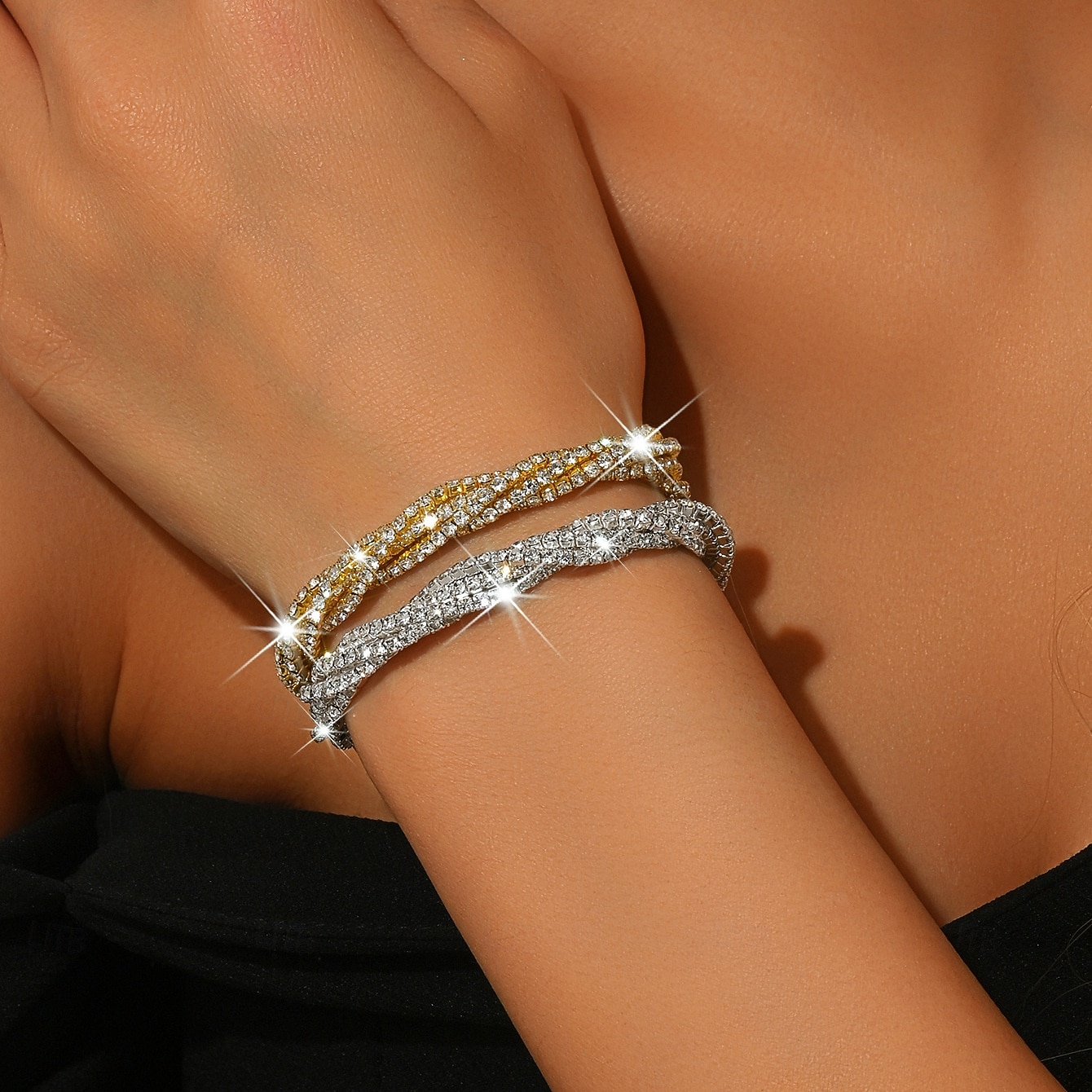 Women's Gold & Silver Rhinestone Bracelet Set - Sparkling Dual-Tone Crystal Bangles, Elegant Party Jewelry for Evenings, Proms & Special Events 2026 - BHD 5.96 –P4