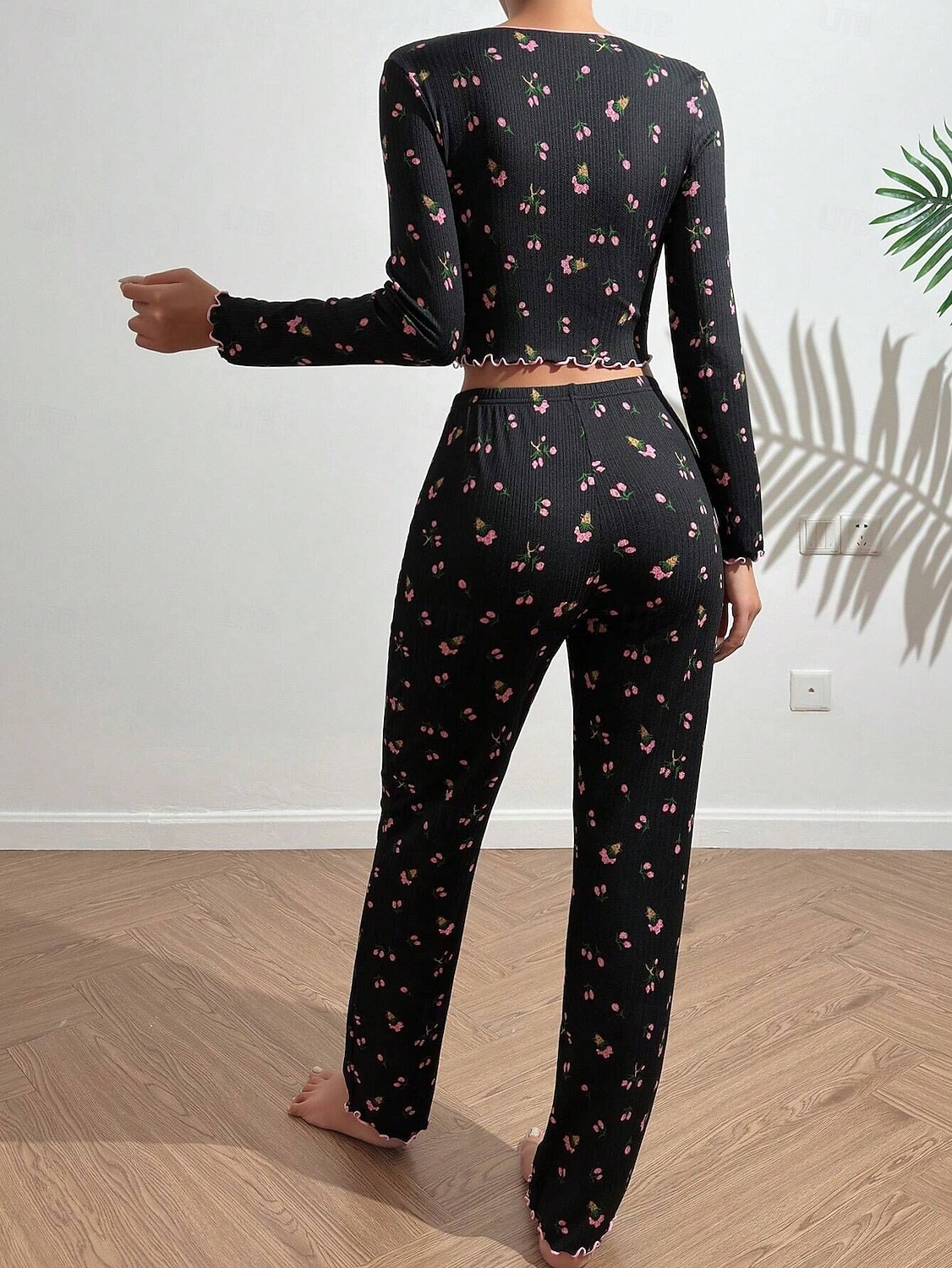 Damen Schlafanzug Set Lässig Komfort Blumen Elastischer Bund Hose Heim Täglich Langarm V Ausschnitt Blau Schwarz Weiß Rosa Frühling Herbst Normale Passform 2026 - $19.99 –P8
