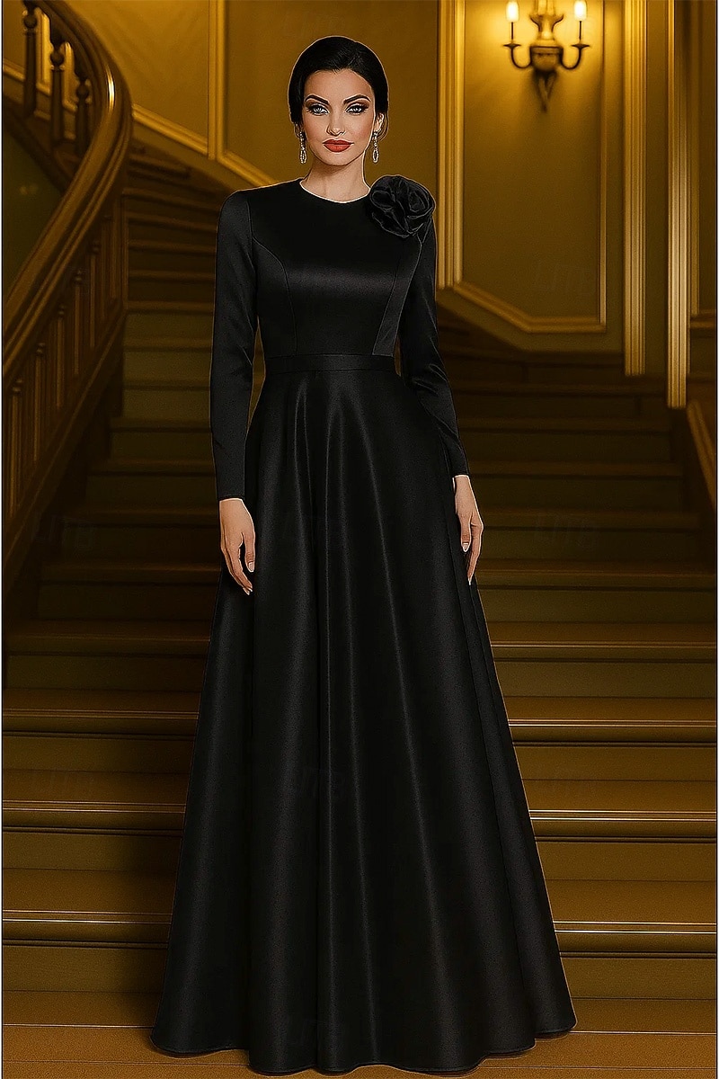 Vestido de Noche A-Line Rojo Elegante Formal Vestido Formal de Boda Largo de Piso de Manga Larga Cuello Redondo de Saten Elástico con Flor en el Hombro 2026 - $160.99 –P5