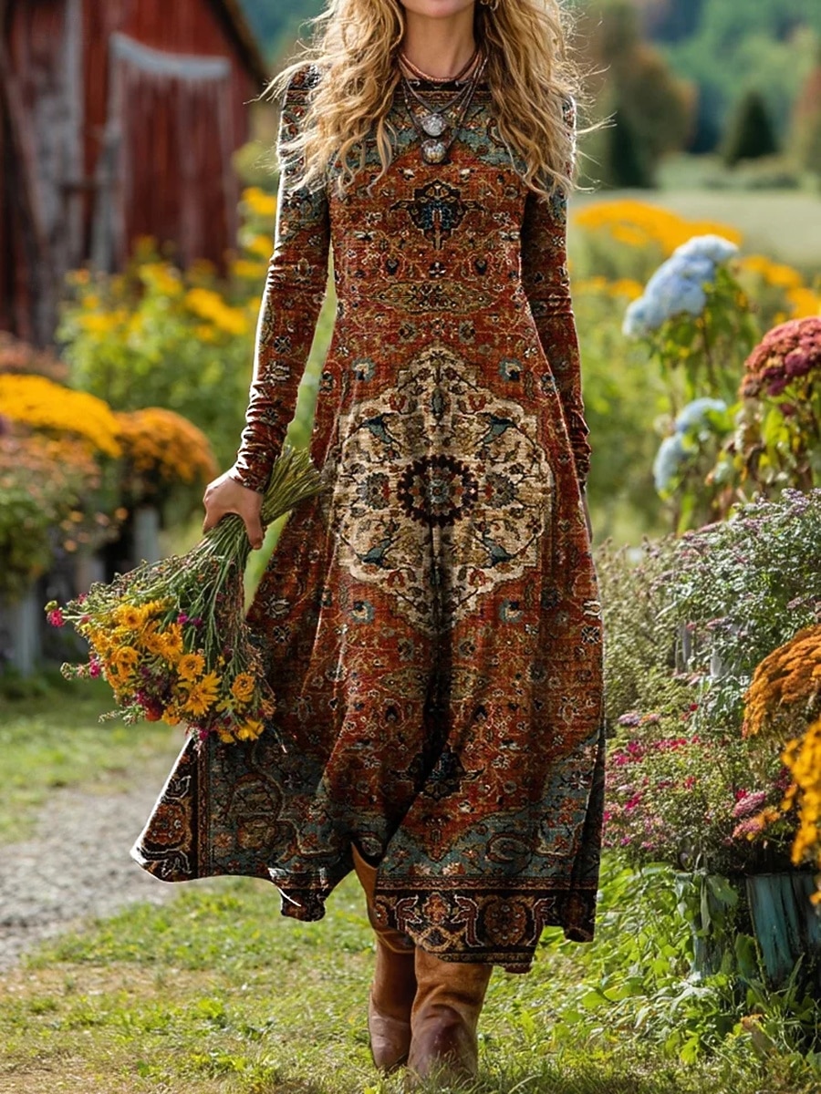 Sukienka midi damska Boho Sukienka A-line Krój dopasowany i rozkloszowany Wakacyjna Casual Codzienna Regularny krój Grafik Geometryczny Długi rękaw Dekolt zaokrąglony Jasny żółty Czerwony wino Jesień 2026 - $37.99 –P2