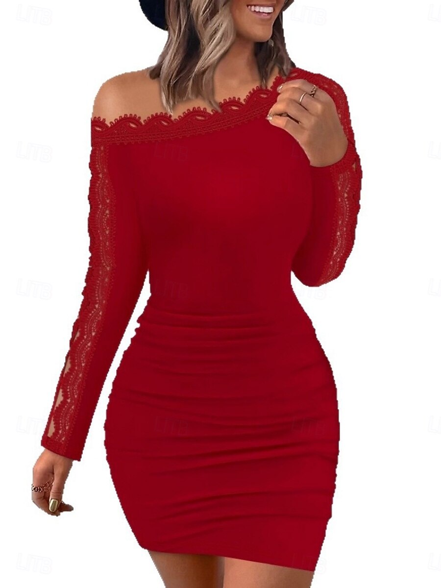 Women's Mini Dress Sheath Dress Elegant Party Cocktail Outdoor Party  Wedding Lace Regular Fit Solid Color Long Sleeve Off Shoulder White Wine  2026 - $29.99