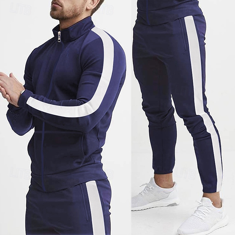 Men's Sweatshirt Tracksuit Outfit Set Stand Collar Outdoor Daily Sports Drawstring Zip Up Pocket Color Block Yellow Red Navy Blue Polyester Activewear Fashion Streetwear Spring 2026 - $45.99 –P5