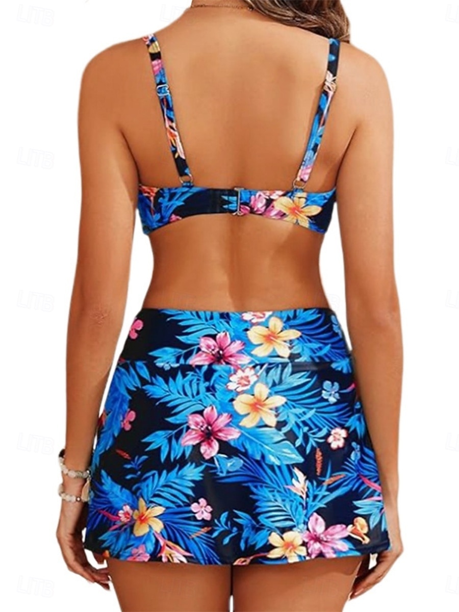 Γυναικείο μπικίνι 2 τεμαχίων μαγιό ρυχιές με φούστα palm skirt slim ανοιχτή πλάτη διακοπές παραλία φλοράλ V λαιμό αμάνικο μαγιό 2026 - $29.99 –P3