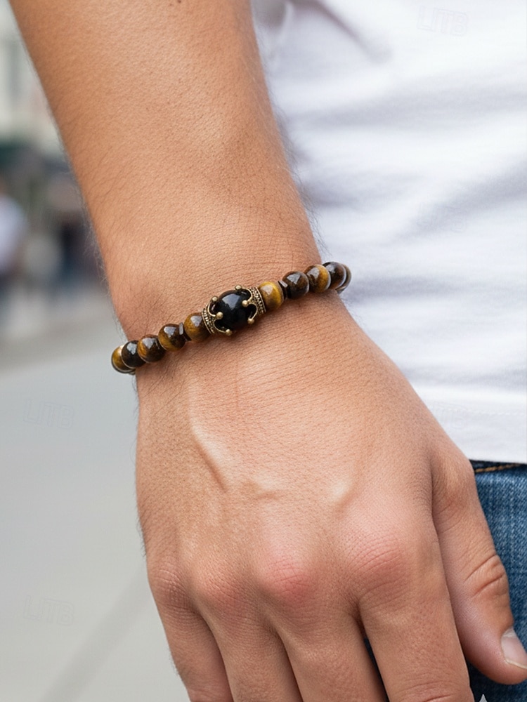 Bracciale da uomo in pietra naturale – design regolabile con perline e dettaglio a corona, disponibile in più colori, perfetto per l'abbigliamento casual e per le occasioni speciali del 2026 a $7.99 –P2