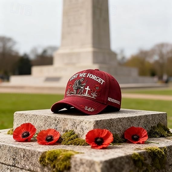 Cappello commemorativo "Lest We forget", berretto ricamato con fiori di papavero per veterani, tributo militare ed eroi caduti. del 2026 a $21.99 –P5