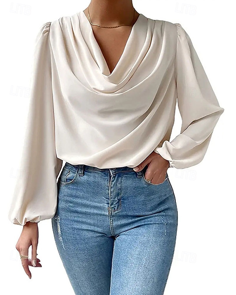 Damen Hemd Elegant Satin-Top Bluse Gerafft Patchwork Drapiert Einfarbig Einfach Elegant Vintage Täglich Langarm Laternenärmel Asymmetrisch Normale Oberteile Täglich Arbeit Ferien Blau Schwarz Wei 2026 - $25.99 –P7