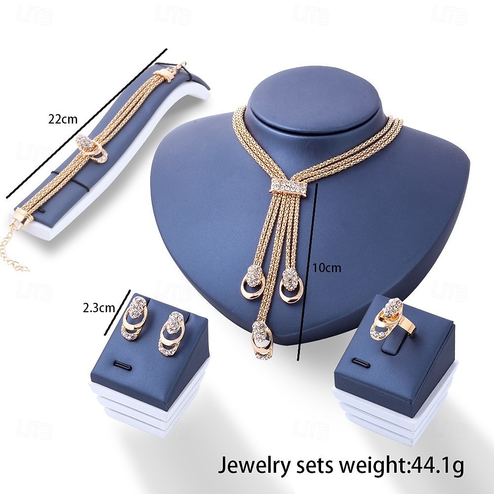 Goldfarbenes Kristallschmuckset für Damen – elegante, mehrreihige Halskette, Ohrringe, Armband und Ring für Hochzeiten, Abendveranstaltungen und formelle Anlässe 2026 - $11.99 –P1