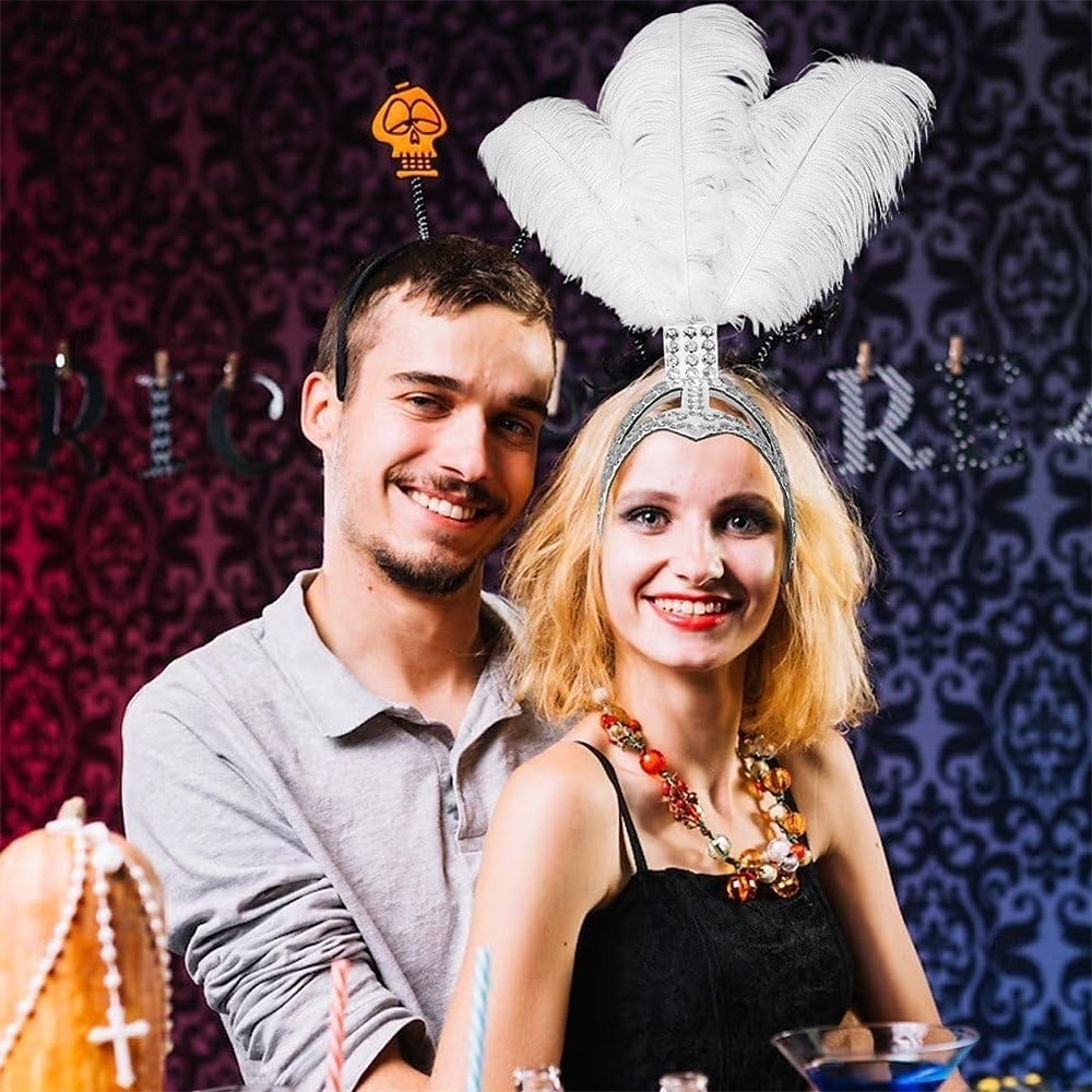Carnaval 2026 Accesorios Samba del Carnaval de Río Diadema de Showgirl de Plumas de Avestruz Blanca - Diadema de Cristales y Piedras - Accesorio de Vestuario Burlesque Gatsby para Festival de Brasil 2026 - $53.99 –P6